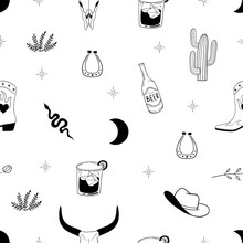 Seamless Pattern With Western Elements. Cowboy Style. Wild West Vintage Graphic. Cowboy Hat And Boots, Cactus, Beer, Horseshoe, Snake. Vector Illustration