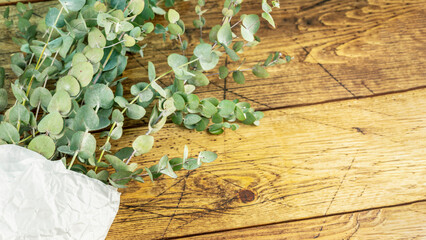 Bouquet with eucalyptus branches on wooden background. Eco friendly holiday composition with eucalypt bouquet. Wellness in the bath. Floristic background. Flat lay, copy space