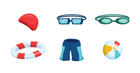 Equipment swimming concept for  swimming. Isolated vector illustration with a set of necessary equipment, Red swimming cap, blue swimming goggles, green swimming goggles, Life buoy,