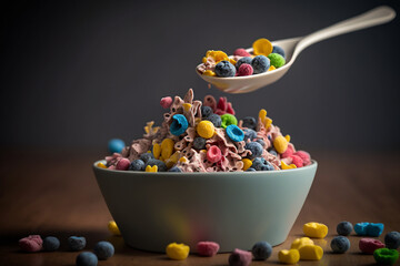 Sticker - cereal in breakfast bowl filled with a mixture of colorful fruit balls Generative AI