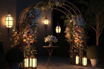 Wall Mural - Wedding arch with flowers and lanterns. Generative AI