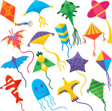 Cartoon Kite, Kid Colorful Toys Kites On Threads Flying. Wind Free Fly Toy, Isolated Childhood Summer Outdoor Game Elements. Neoteric Vector Seasonal Set