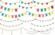 Bunting flags collection, hanging garland graphic, retro flag pennant chain for party, event, festive. Birthday celebration banners decent vector set