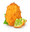 Isolated kiwanos. Whole kiwano melon fruit and two pieces with leaves isolated on white background with clipping path