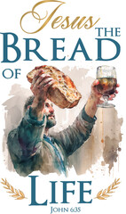 watercolor drawing of male hands raising a loaf of bread and a glass of wine. christian easter.artwo