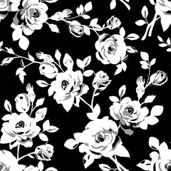 Fototapete - Seamless pattern with beautiful vintage rose and decorative leaf silhouette. Black and white wallpaper with flower. Vector illustration
