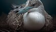 A seabird lies on fishing nets, among the garbage. The concept of protecting the environment, and water resources. Generative AI.