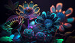 Glowing, neon flowers with iridescent petals growing in the dark #1