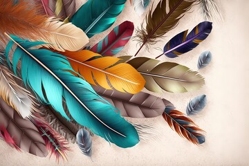 3d wallpaper of many colorful bird feathers on a marble background