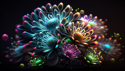 Glowing, neon flowers with iridescent petals growing in the dark #2