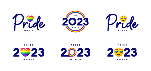 vector set of logos for pride month 2023. vector symbols of lgbtq event 2023 with rainbow hearts, sm