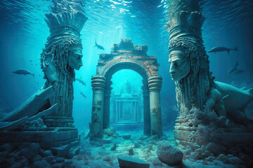 ancient city ruins underwater, old statues on sea ground, generative ai