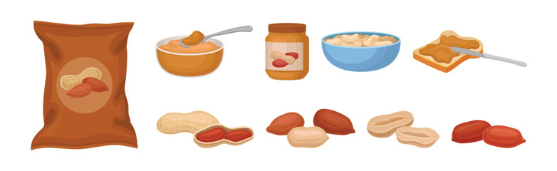 Canvas Print - Peanut Product with Butter in Jar and Pack of Snack Vector Set