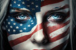 Close up of woman face painted with the US flag. Fourth of July celebration. Generative AI
