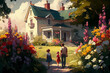 Family goes to house. Summer landscape.