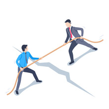 Isometric Vector Illustration On A White Background, Men In Business Clothes Pull The Rope Each To Their Own Side, Business Rivalry Or Conflict Of Interest