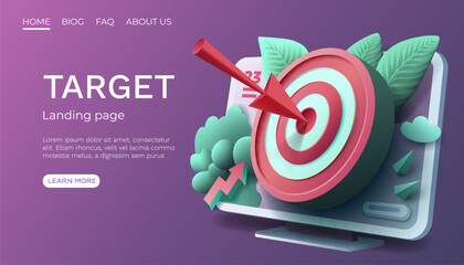 Target laptop finance landing page, banner business 3d icon. Vector 