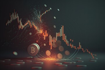 Bitcoin chart with downtrend line graph, bar chart and stock numbers in bear market. Generative AI