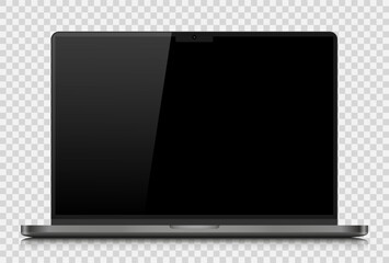 Realistic laptop layout with a dark silver case. A laptop with an empty black screen with a glare on a transparent background. Vector illustration.