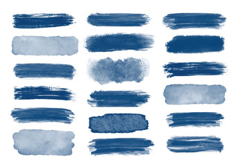 Wall Mural - Different grunge blue, ink paint brush strokes. Artistic design elements, grungy background vector set illustration