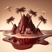 Chocolate Milk Island With Cream And Popcorn. High Quality Illustration