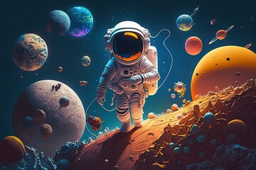 cartoon illustration, astronaut and planets drifting in space, ai generative