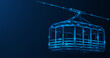 Cable car, observation cabin on a stretched cable. Low-poly design of interconnected lines and dots. Blue background.