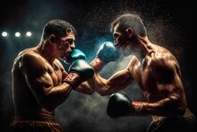 Two Boxers Punching Each Other In An Epic Setting With Smoke On A Dark Background, Generative Ai