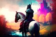 A knight on horseback in a colorful fantasy landscape with a castle in the background, generative ai