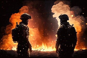 Two soldiers standing beside each other with flames and smoke in the background, generative ai