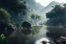 A Stunning Amazon Rainforest Alongside A River, Rain, Foggy, Fantasy Environment.