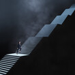 © Who is Danny - Business development, long career way and faith concept with woman in dark suit climbs dark stairs illuminated from above on abstract dark foggy background