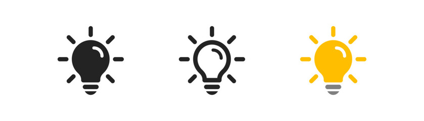Wall Mural - Lightbulb icon on light background. Idea symbol. Electric lamp, light, innovation, solution, creative thinking, electricity. Outline, flat and colored style. Flat design. Vector illustration.