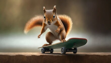 Closeup Portrait Of A Cheerful Squirrel Skating On A Skateboard. Made With Generative AI.
