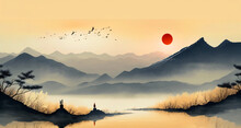 At Sunrise, In The Distant Mountains, A Line Of Geese Flies In The Sky, And A Monk Moves Towards The Distance. Chinese Painting Style Of Zen Landscape Painting. Ai Generative
