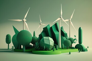 Green energy, sustainable industry with windmills and solar energy panels. AI Generation