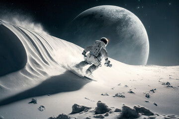 Wall Mural - Dramatic astronaut snowboarding on the moon with earth in background created with Generative AI technology