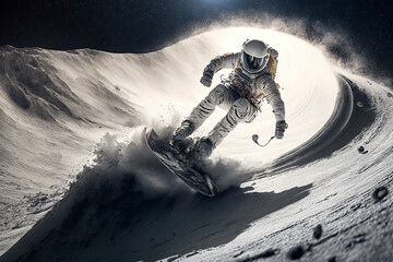 Wall Mural - Dramatic astronaut snowboarding on the moon with earth in background created with Generative AI technology