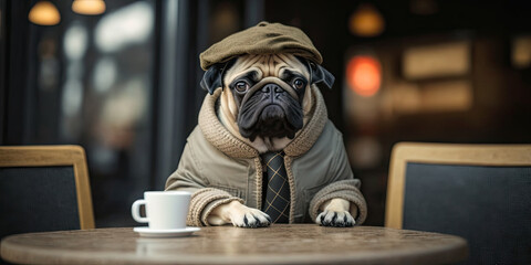 Canvas Print - Portrait of a pug sitting at a cafe with a cup of coffee, generative ai