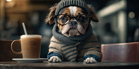 Wall Mural - Portrait of a dog wearing glasses sitting at a cafe with a cup of coffee, generative ai	