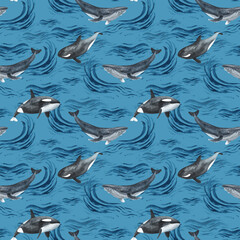 Wall Mural - killer and humpback whale seamless pattern. watercolor arctic ice and ocean background