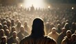 Illustration der Jünger von Jesus, welche eine Predigt oder Rede halten, vor Publikum. Menschen hören eine Predigt in einer altertümlichen Umgebung zu. - Generative AI 