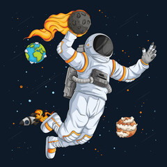 Wall Mural - hand drawn astronaut in spacesuit playing basketball doing dunk move over space rocket and planets