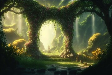 Wall Mural - Exotic fairy tale fantasy forest, green oasis. Unreal fantasy landscape with trees and flowers. AI