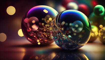 AI generated Colorful christmas balls on a dark background with bokeh