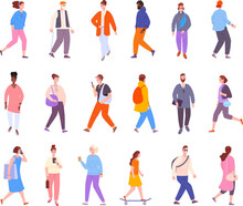 Walking Citizens. Fashion People Outdoor Street Walk, City Crowd Person In Casual Outfit Guy On Skateboard Woman With Bag Adult Man Talk Smartphone Splendid Vector Illustration