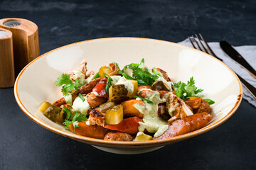 Poster - Dinner salad with sausages, pickled cucumbers, onions, chicken ham, potato wedges, herbs and mayonnaise.