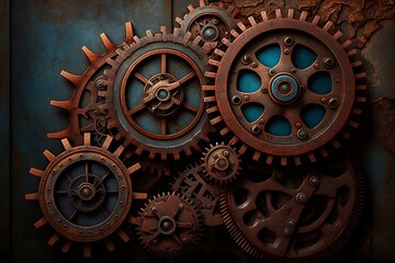 Old metal background with rusty details and gears. Generative AI.