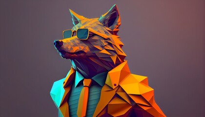 Wall Mural - Fashion fox in color suit with sunglasses on a solid color background, vector art, digital art, faceted, minimal, abstract, geometric. Generative AI.