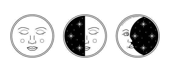 Linear vector Moon phases and faces. Isolated night sky and Crescent astrological elements